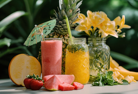 fresh smoothies and fruits sitting on a table.の素材
