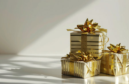 gold wrapping presents on a white background,.の素材