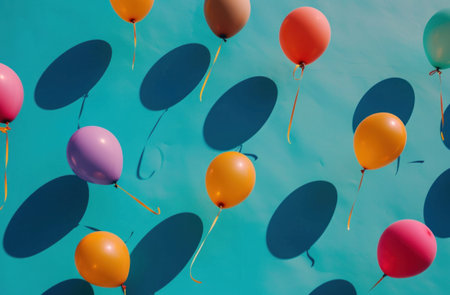 multiple colored balloons are on a blue background,.の素材