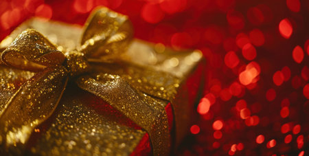 gold gift box, ribbon on rudo red background.の素材