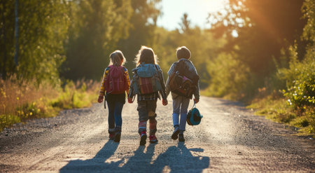 kids are walking down road with their backpacks.の素材