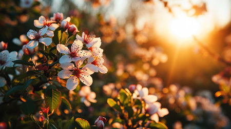 Morning background with blooming flowers, soft sunlight.の素材