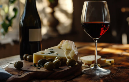 red wine with cheese and olive.の素材