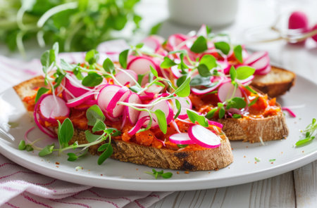 radishes and chives on toast.の素材