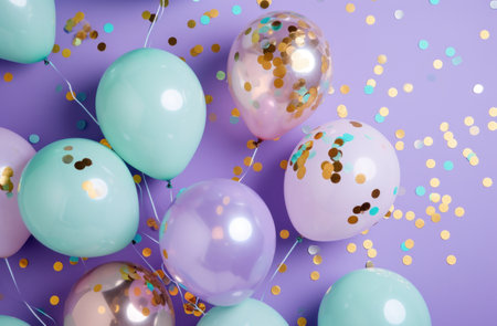 pastel and aqua balloons with confetti on purple background.の素材