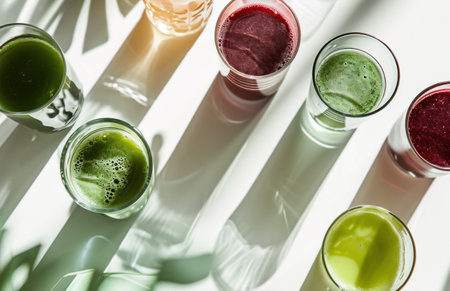 several glasses of juice arranged on a white surface.の素材