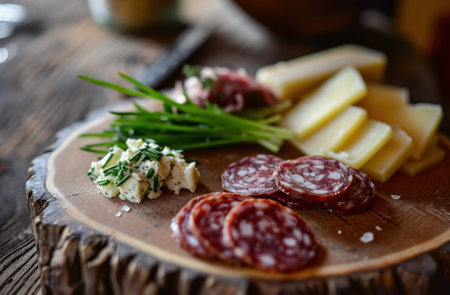 salami, chives and other ingredients sit on a wooden plate,.の素材