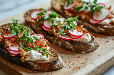 radishes and chives on toast.の素材