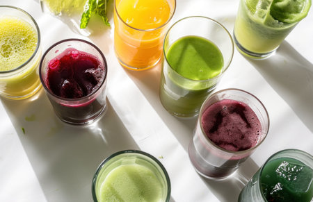 several glasses of juice arranged on a white surface.の素材