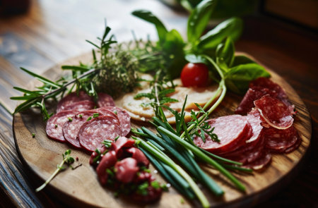 salami, chives and other ingredients sit on a wooden plate,.の素材