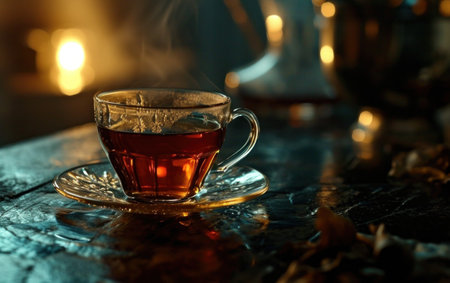 the benefits of green tea, misty atmosphere.の素材