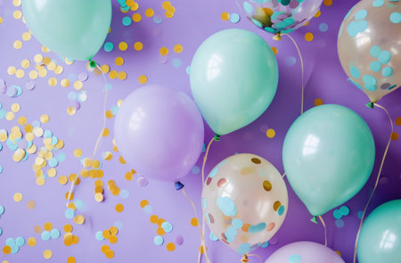 pastel and aqua balloons with confetti on purple background.の素材