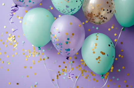 pastel and aqua balloons with confetti on purple background.の素材