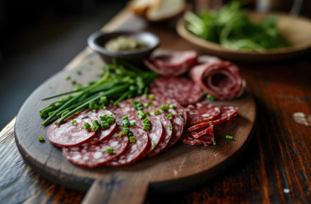 salami, chives and other ingredients sit on a wooden plate,.の素材