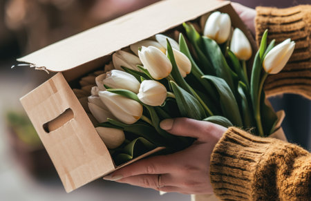 someone's hand is holding a box of white tulips.の素材