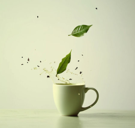 tea leaf falls from a cup in closeup green.の素材