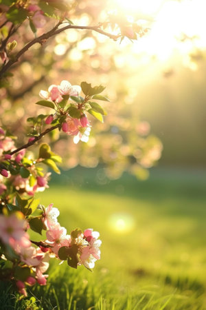 Morning background with blossoms, soft sunlight.の素材