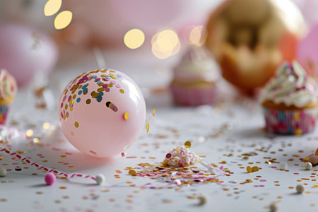 the balloon, confetti and cupcake are on a white table.の素材