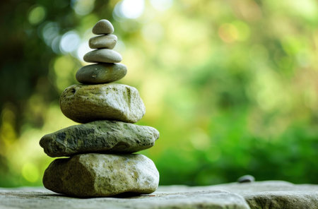 rocks are stacked in front of green grass.の素材
