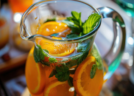 tangerine lemonade with mint in a pitcher.の素材