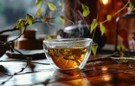 the benefits of green tea, misty atmosphere.の素材