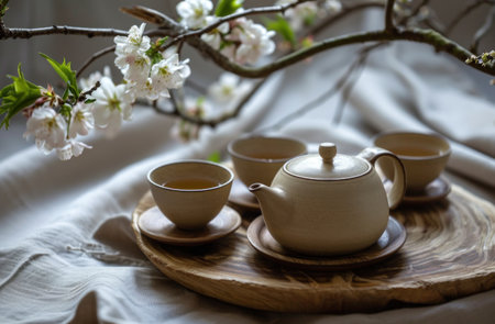 teapot on tray with two cups of white tea.の素材