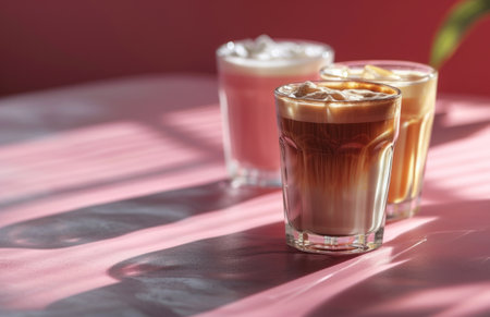 three glasses of coffees in a pink background.の素材