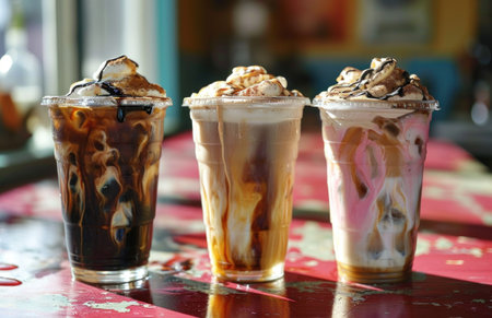 three glasses of coffees in a pink background.の素材