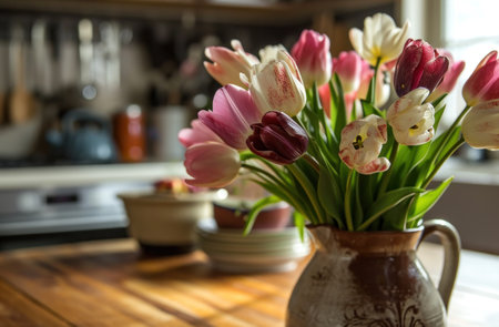 tulips as centerpiece on kitchen table.の素材