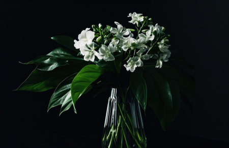 white flower and leaves in a vase.の素材