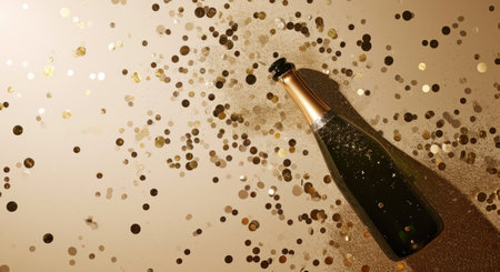 a bottle of champagne is floating on tan background.の素材