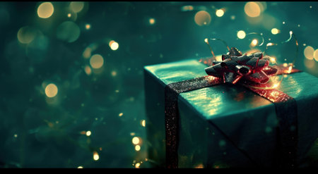 a box with gift wrapping with light coming out of it.の素材