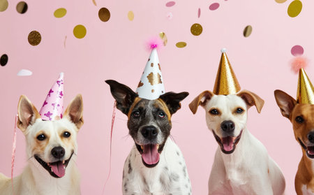 a collection of dogs on a pink background wearing party hats.の素材