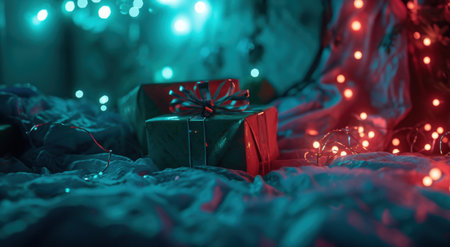 a present is sitting on a bed surrounded by glowing lights.の素材