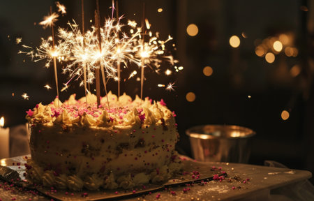 a golden tier cake with pink sparklers.の素材