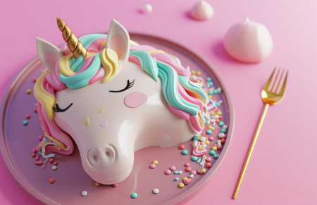a rainbow unicorn cake is on a pink plate.の素材