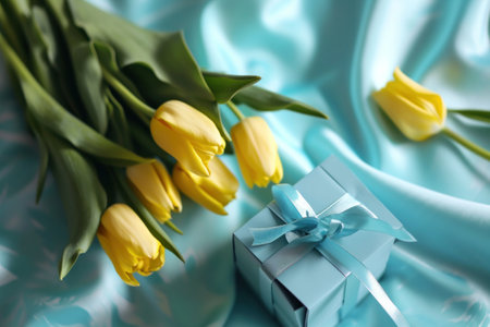 a group of yellow tulips and blue gift box together.の素材