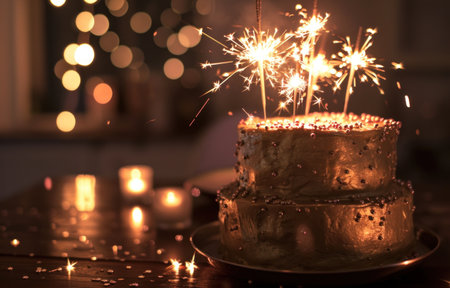 a golden tier cake with pink sparklers.の素材