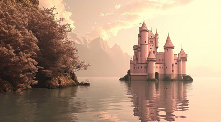 a pink castle next to water.の素材
