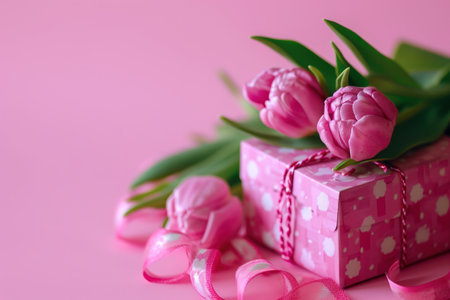 a gift box with pink flowers and tulips is sitting on a pink background.の素材