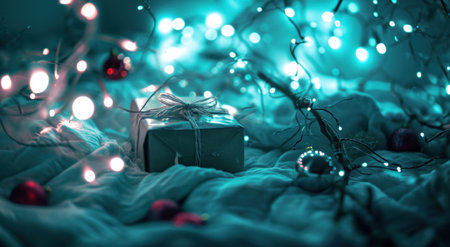 a present is sitting on a bed surrounded by glowing lights.の素材