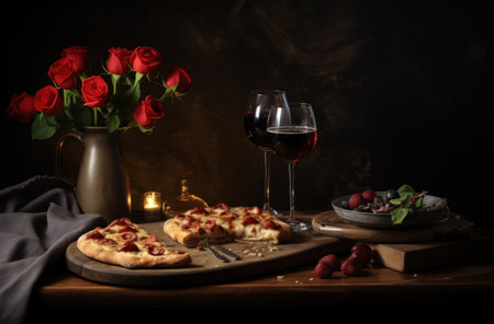 a heart in shaped pizza and wine glasses is placed on a dark table.の素材