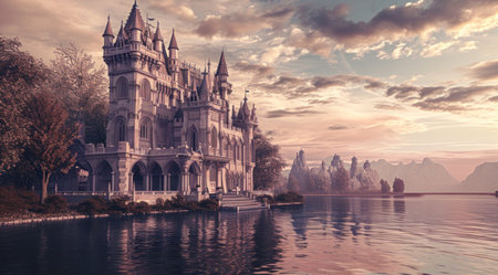 a pink castle next to water.の素材