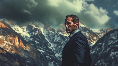 a man in a suit in front of some mountains.の素材