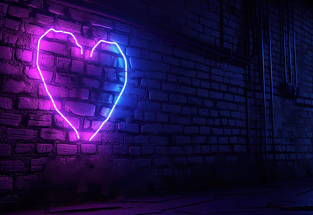 a neon heart etched on a brick wall and blue neon light background.の素材