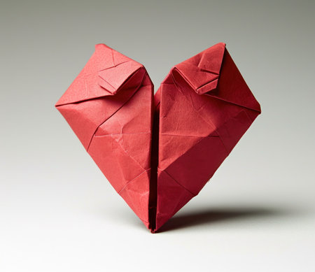 a square of red origami paper that has been folded into a heart shape.の素材