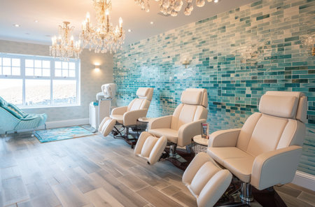a room with manicure chairs, chandelier and a glass tile wall.の素材