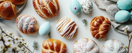 a variety of easter buns with decorative eggs and icing.の素材