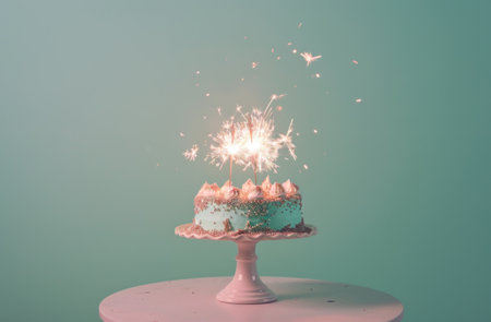 a wedding cake on a pedestal with a sparkler.の素材