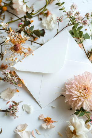 a white card envelope is placed inside a floral frame.の素材